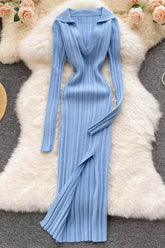 Robe tricotée fendue, slim, élastique, portefeuille, hanches